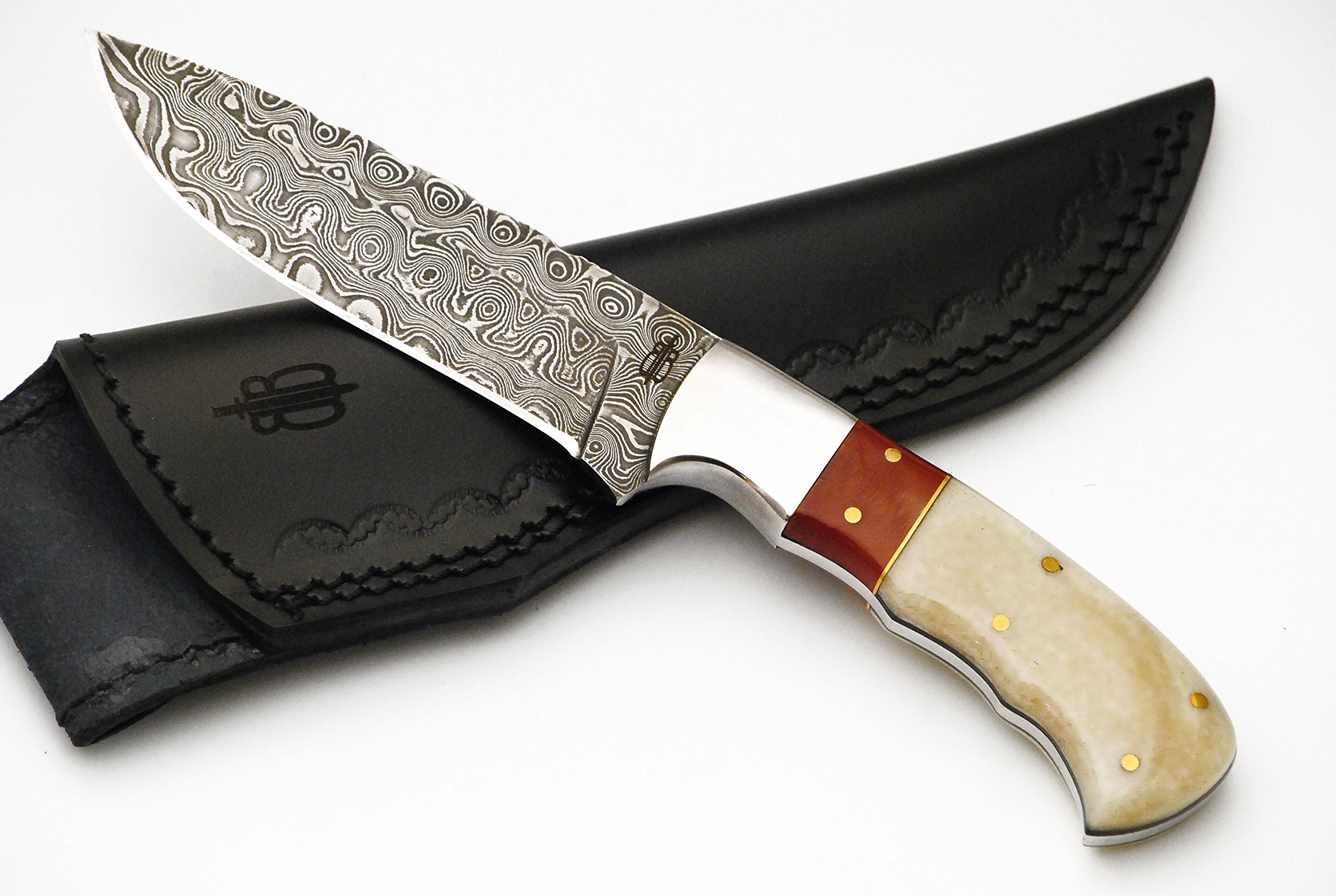 BucknBear Custom Handmade Damascus Fixed Blade Hunting Knife (Micarta & Bone Handle)