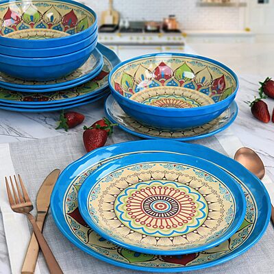 Elama Camilla 12 Piece Melamine Dinnerware Set, Multi Colored