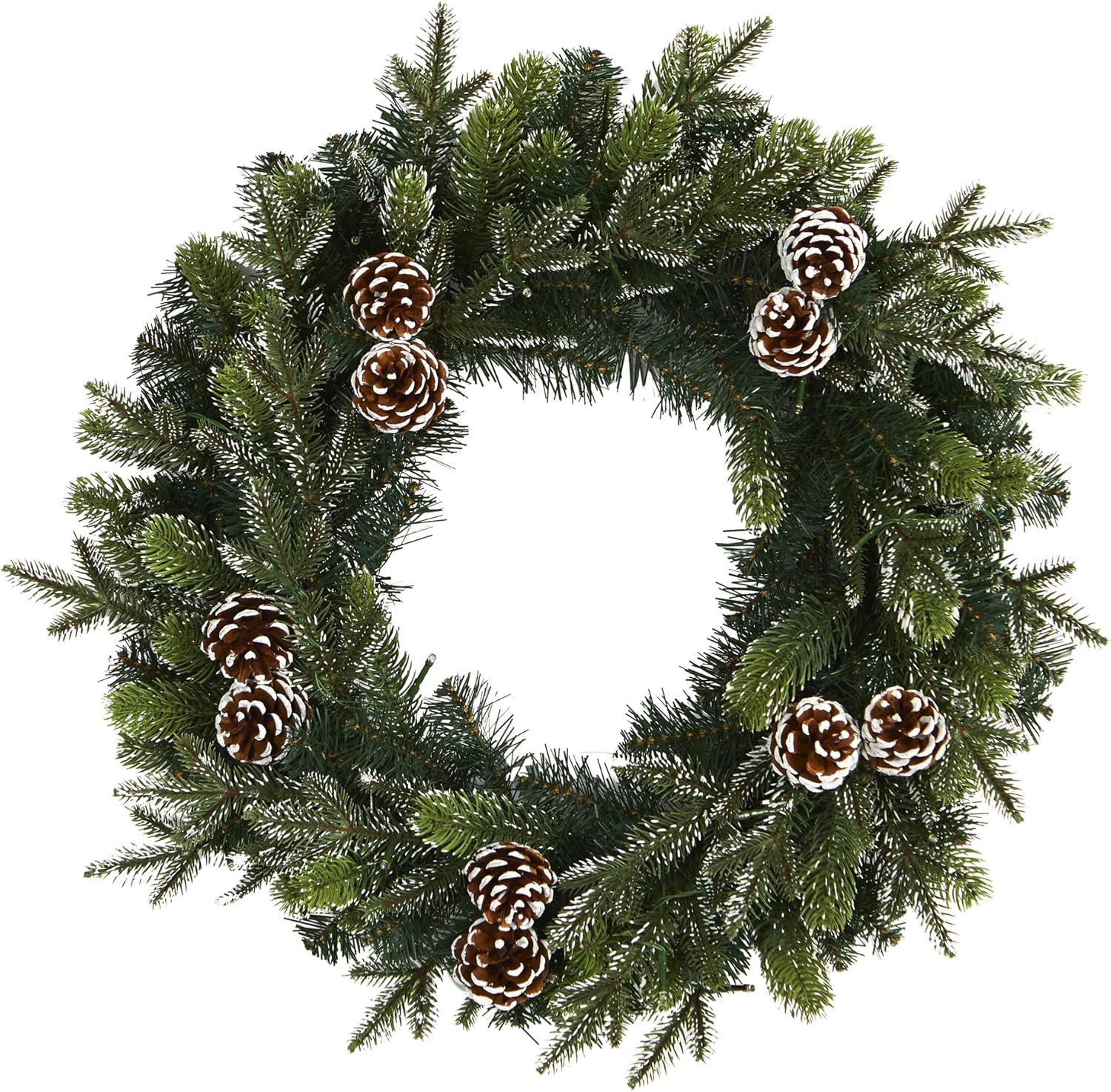 Nearly Natural 24in. Snowed Pinecone Artificial Christmas Wreath with 35 Clear LED Lights, Green, 5x24x24