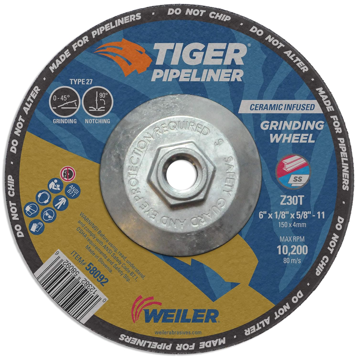 6" Tiger Pipeliner Grinding Wheel - 6 x 1/8, Type 27, 5/8-11, Grit 30