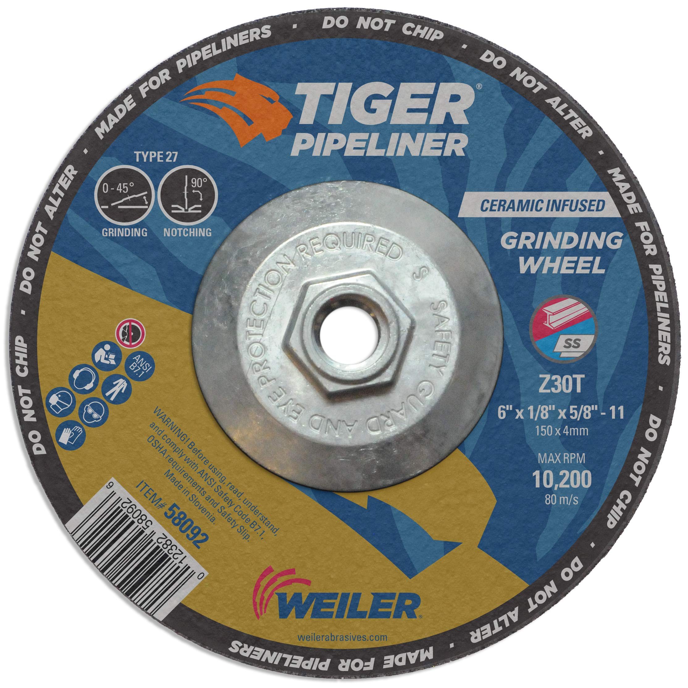 6" Tiger Pipeliner Grinding Wheel - 6 x 1/8, Type 27, 5/8-11, Grit 30