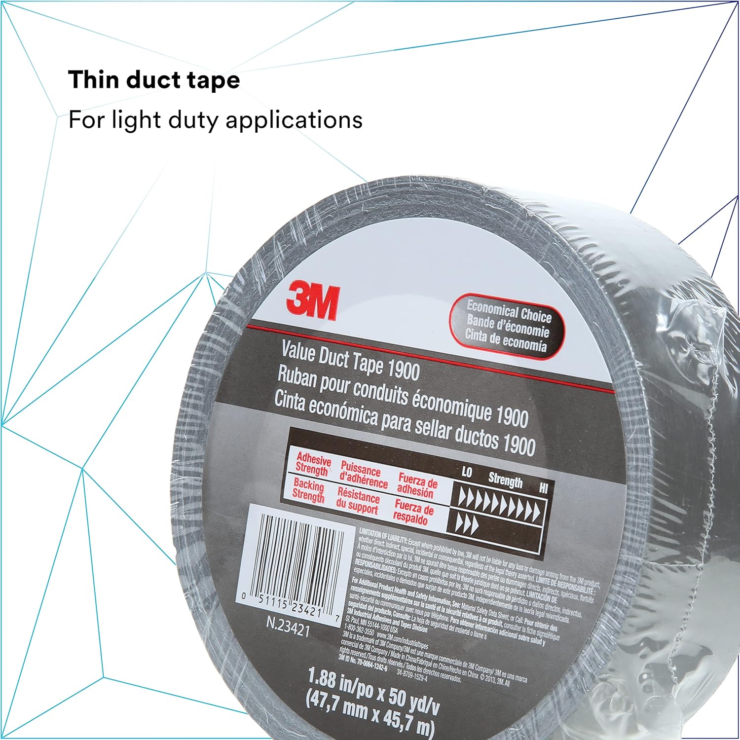 3M Value Duct Tape 1900, Silver Color, Thin Duct Tape, High Tack Adhesive, Moisture Resistant, 1.88 in x 50 yd, 5.8 mil