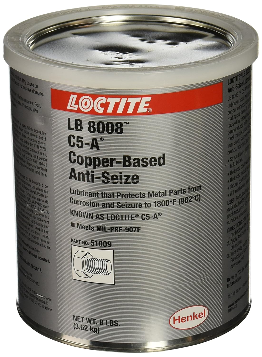 Loctite 51009 Copper LB 8008 C5-A Anti-Seize Lubricant, -20 Degree F Lower Temperature Rating to 1800 Degree F Upper