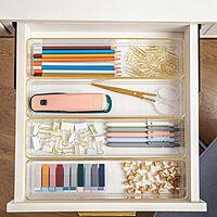 Martha Stewart Kerry Plastic Stackable Office Desk Drawer Organizers with Gold Trim