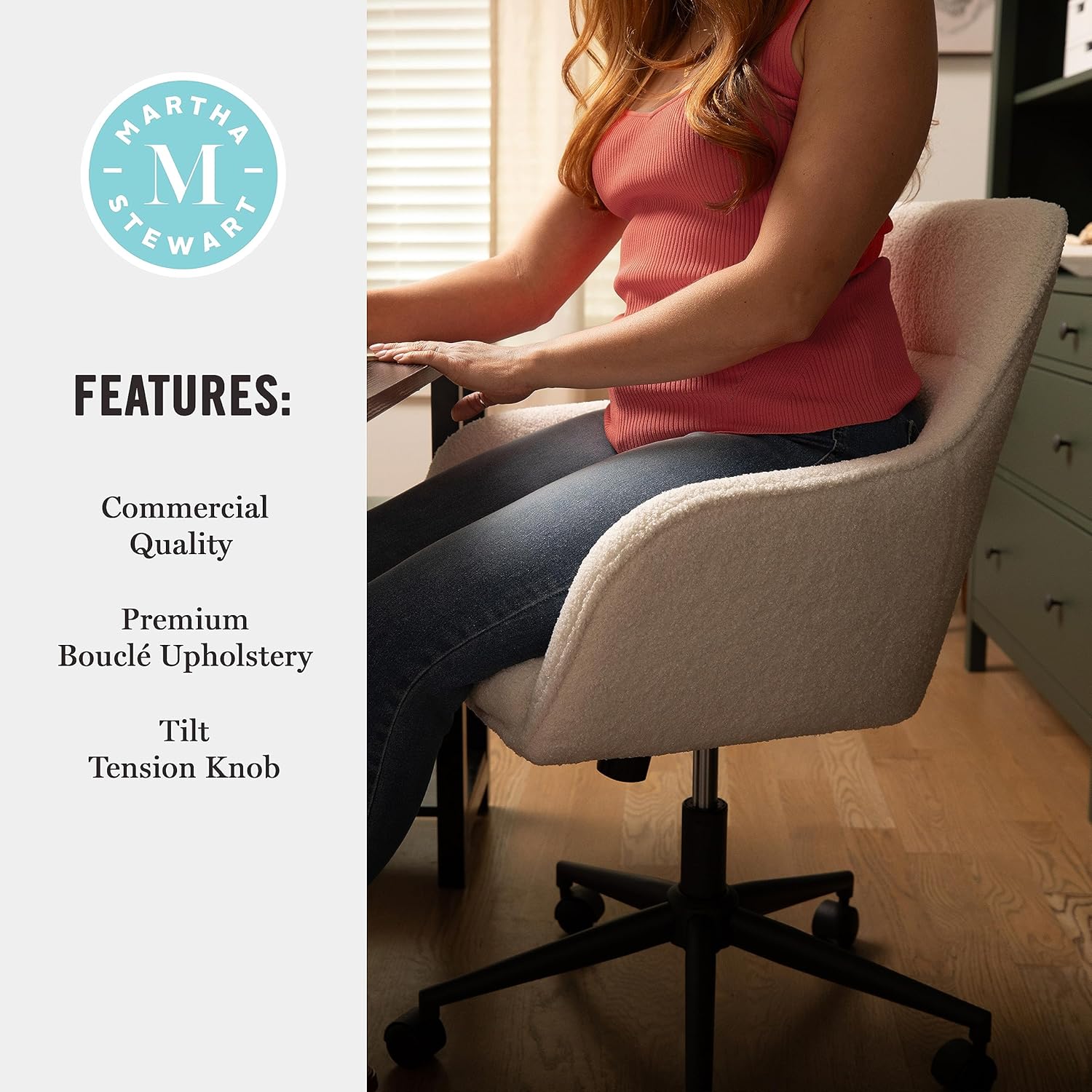 Martha Stewart Rayna Swivel Task Chair with Flared Arms for Home Office