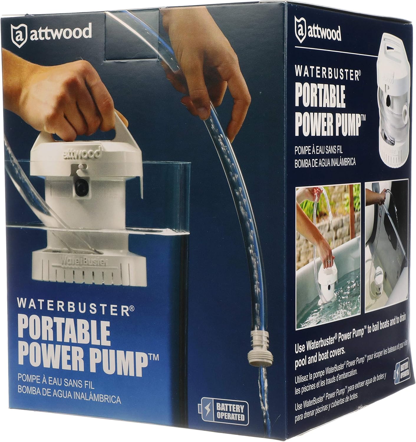 Attwood 4140-4 WaterBuster® Portable Pump, Submersible, Battery Powered, 200 GPH, 42-Inch Hose, 5 ¼-Inch Diameter One Size