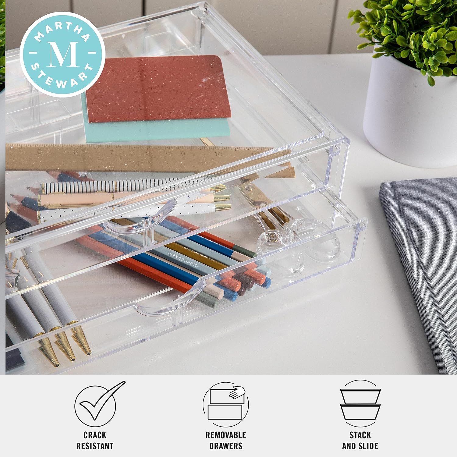 Martha Stewart Brody Desk Organizer with Drawers, Stackable Plastic Storage Box