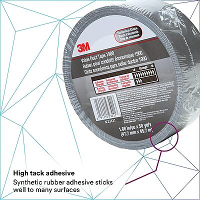 3M Value Duct Tape 1900, Silver Color, Thin Duct Tape, High Tack Adhesive, Moisture Resistant, 1.88 in x 50 yd, 5.8 mil