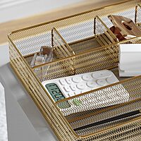 Martha Stewart Ryder Mesh Metal 6-Compartment Larger Desk Drawer Organizer, 2-1/4inH x 14-3/4inW x 12-1/4inD, Gold