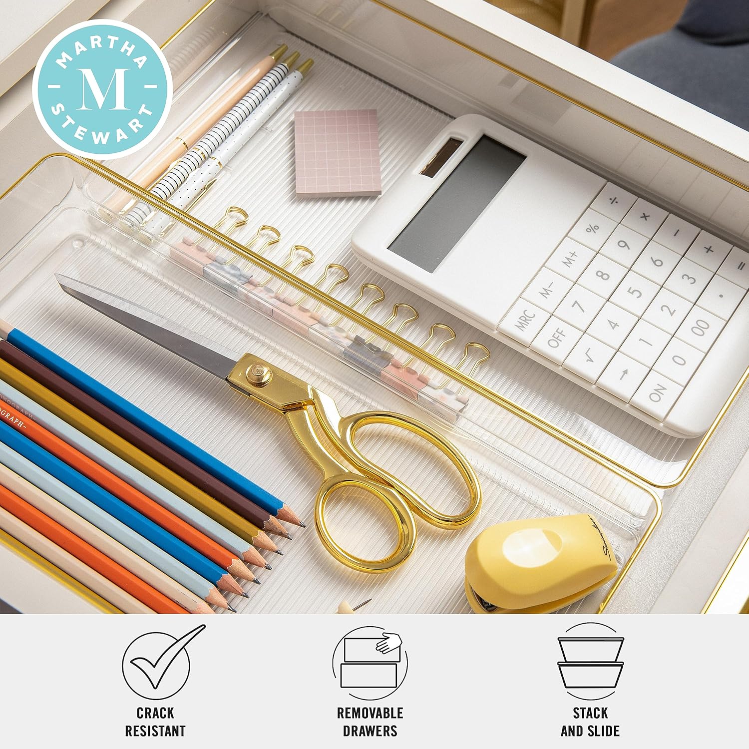 Martha Stewart Kerry Plastic Stackable Office Desk Drawer Organizers with Gold Trim