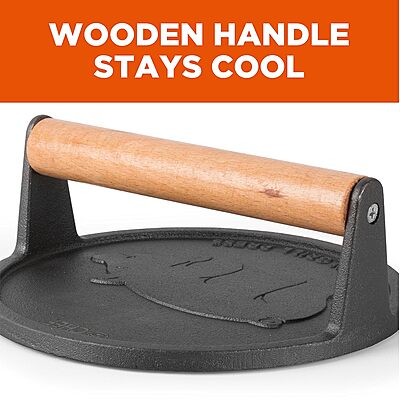 Commercial CHEF Pre-Seasoned Cast Iron Press with Easy Grip Wooden Handle, 7-Inch Surface with Grill Marks, Chef Press Round Grilling Accessory