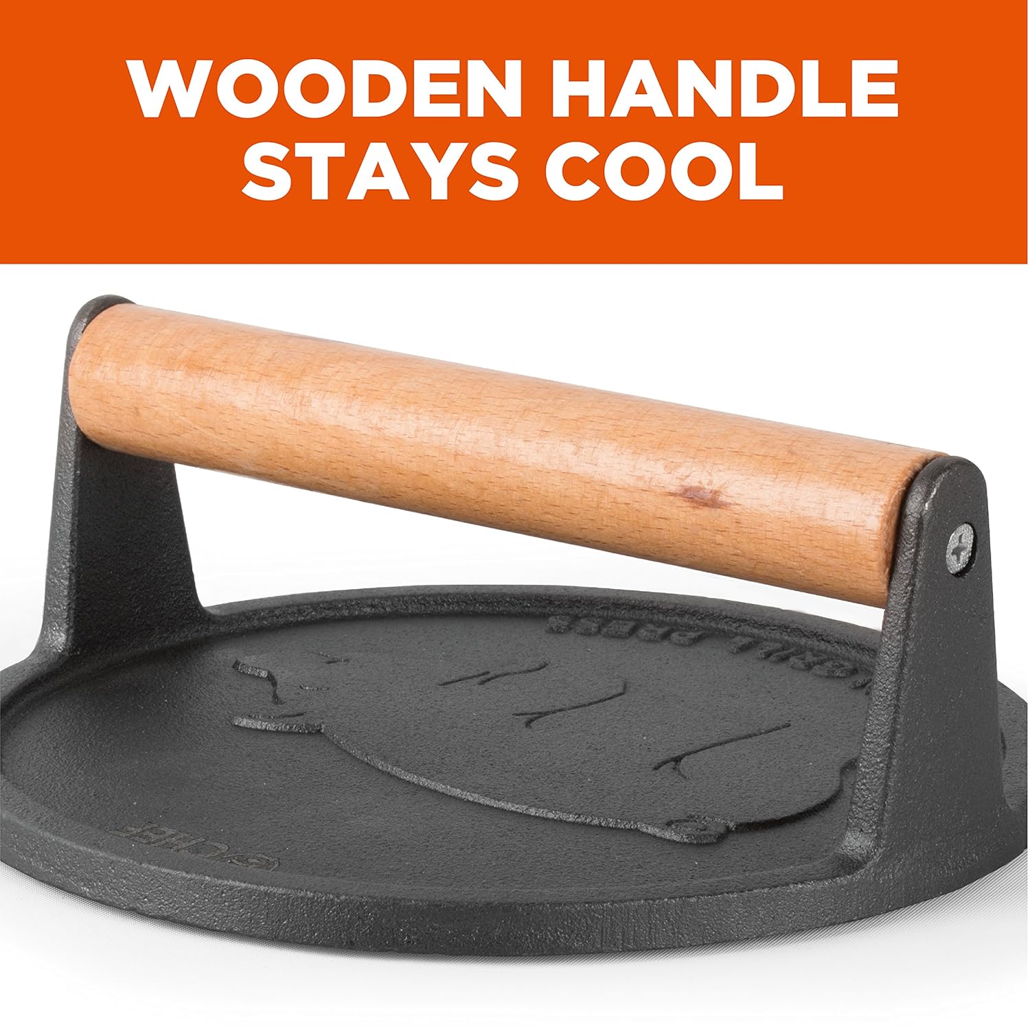 Commercial CHEF Pre-Seasoned Cast Iron Press with Easy Grip Wooden Handle, 7-Inch Surface with Grill Marks