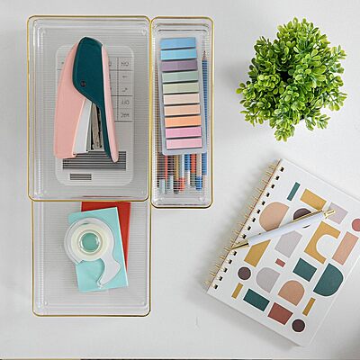 MARTHA STEWART Kerry Plastic Stackable Office Desk Drawer Organizers with Gold Trim