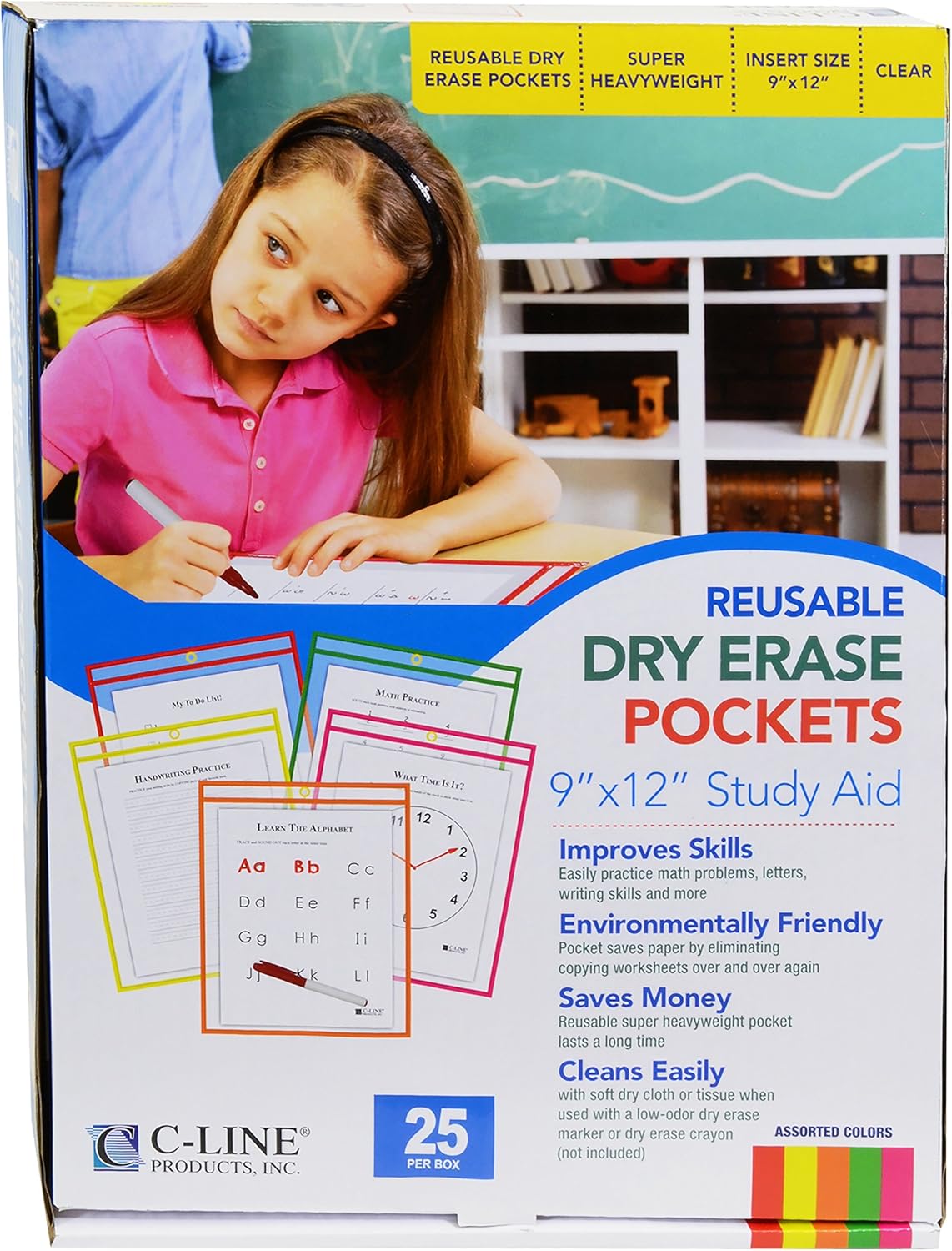 C-Line Reusable Dry Erase Pockets, 9 x 12 Inches, Assorted Neon Colors, 25 Pockets per Pack (40820) 9"W x 12"H Pack of 25