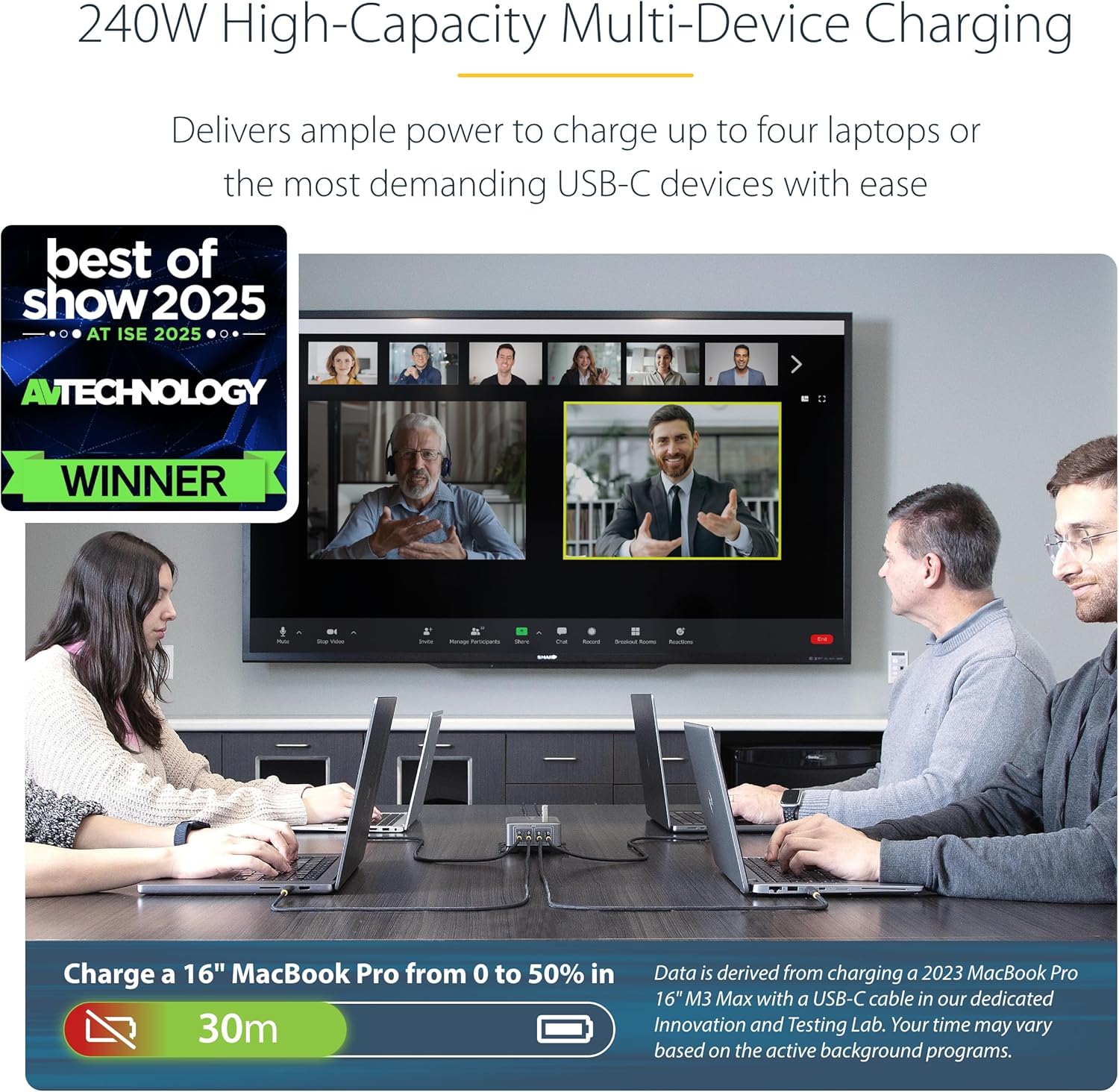 StarTech.com 4-Port Multi-Device USB-C Charger with Cable Lock and Screw-Locking 6ft (2m) USB-C Charging Cable, 240W Total