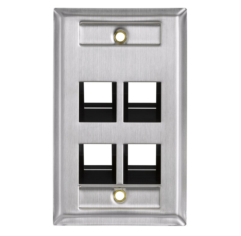 Leviton 4-Port Angled Stainless Steel QuickPort Single Gang Wallplate with ID Windows, 43081-1L4, White 4 Port White