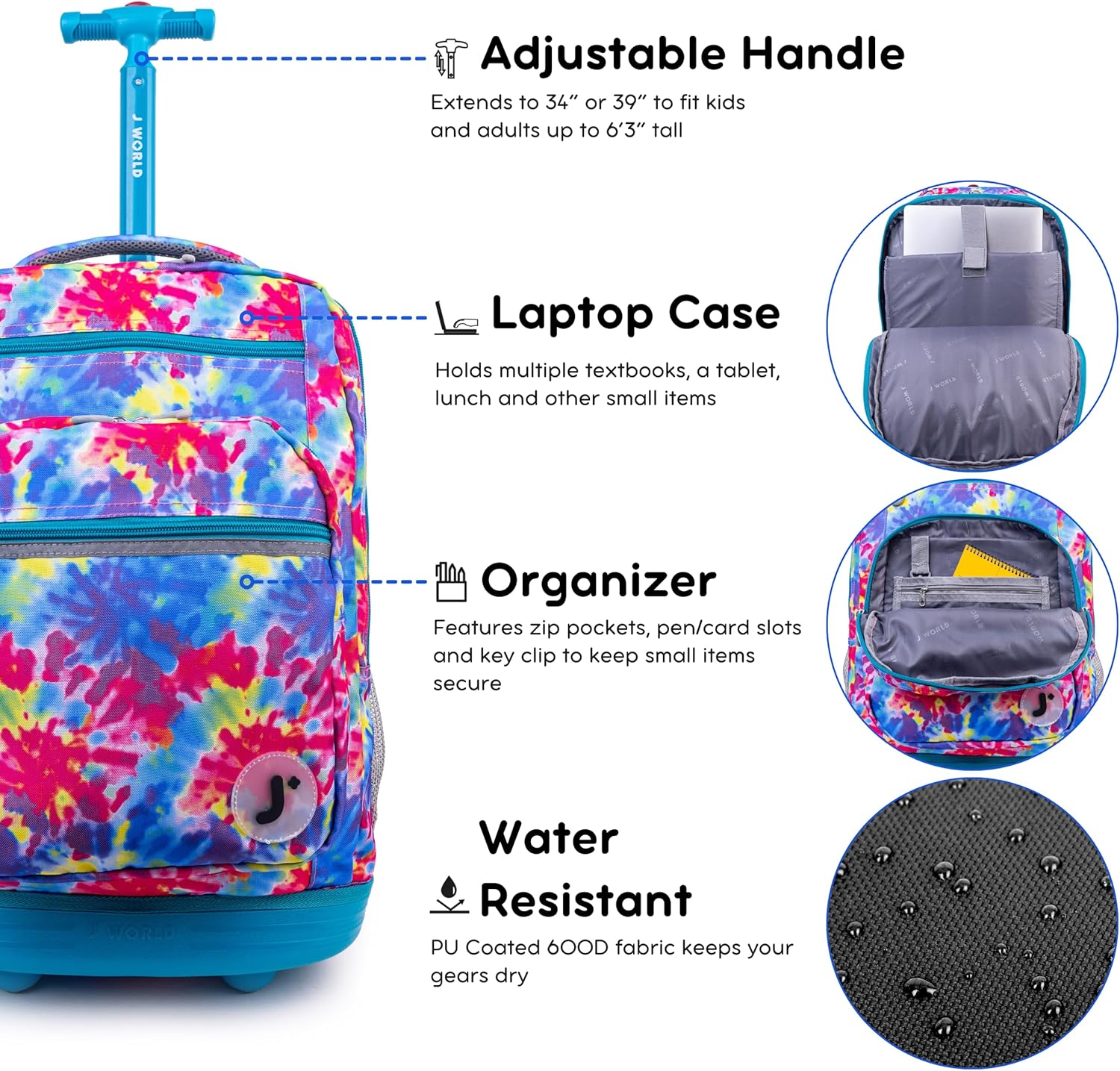 J World New York Sundance Rolling Backpack Girl Boy Roller Bookbag, Tie Dye, 20 Inch