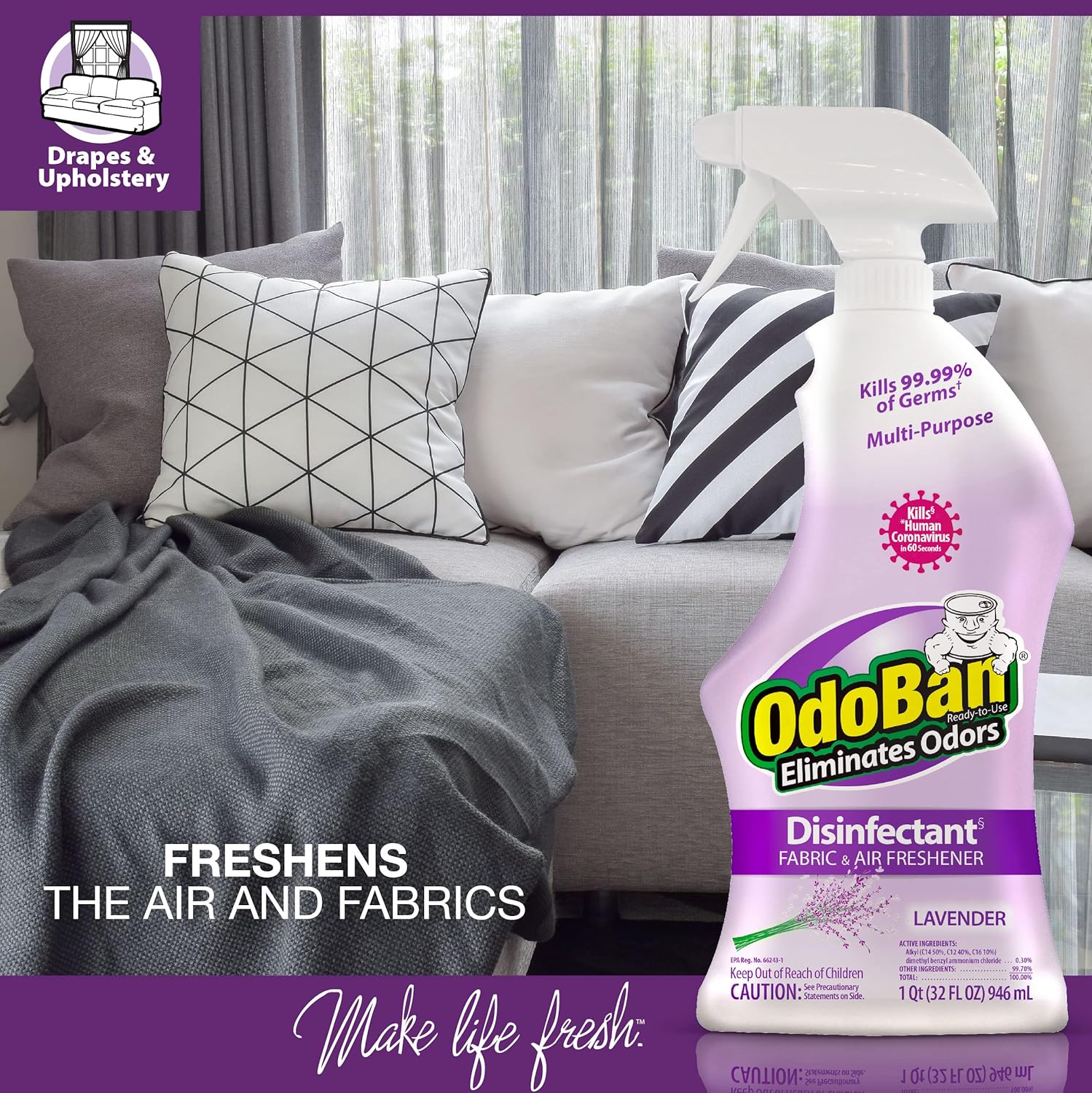 OdoBan Ready-to-Use Disinfectant and Odor Eliminator, Lavender Scent, 32 Ounce Spray Bottle