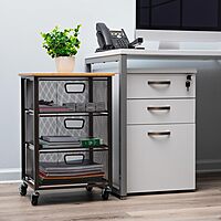 Mind Reader Cart with Drawers, Office Organizer, Storage, Bathroom, Metal Mesh, 15.75"L x 13"W x 24.25"H, Black 3-Drawers with Wood Top