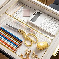 Martha Stewart Kerry Plastic Stackable Office Desk Drawer Organizers with Gold Trim