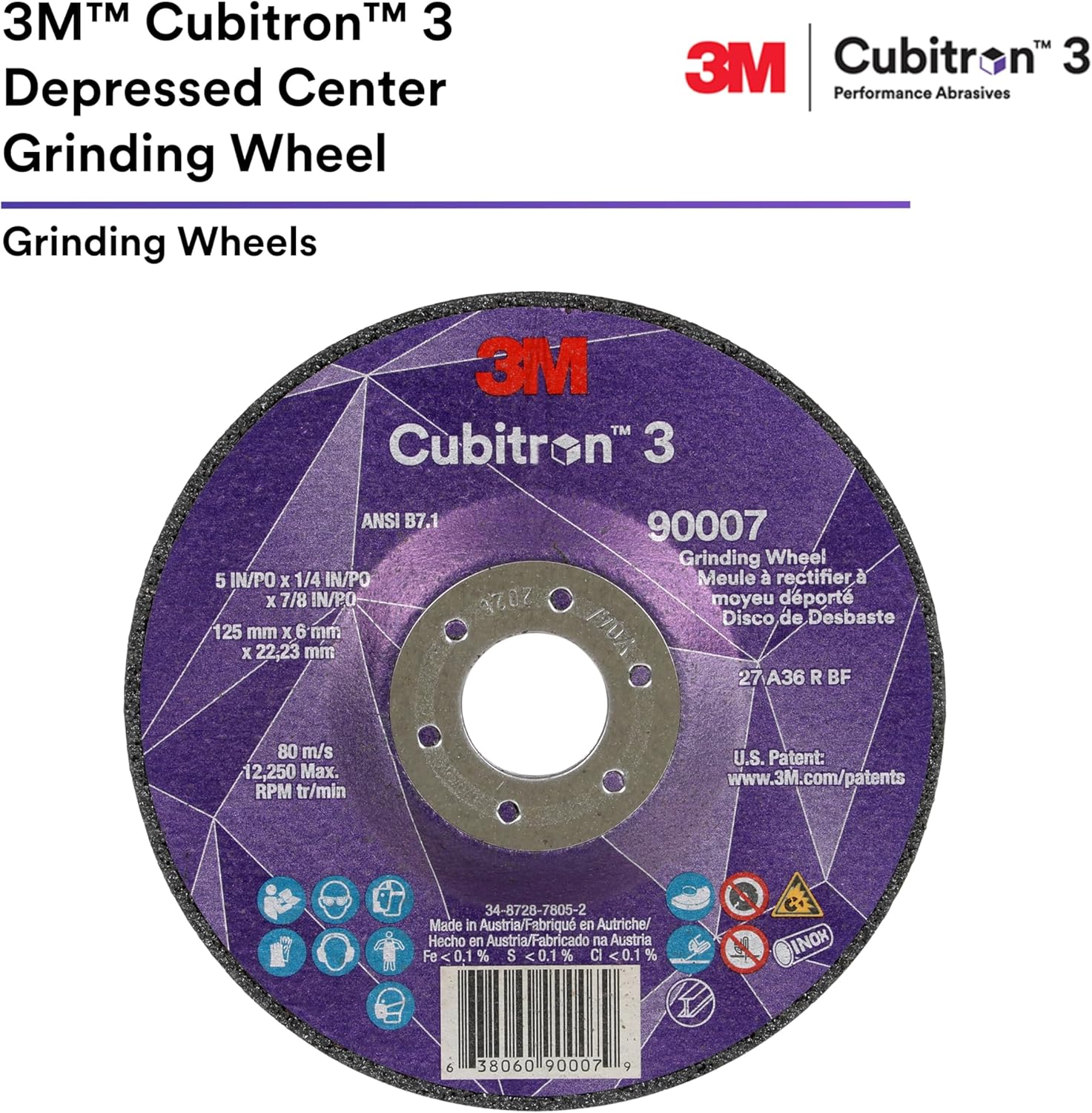 3M Cubitron 3 Depressed Center Grinding Wheel, 90002, 36+, T27, 4-1/2 in x 1/4 in x 5/8 in-11, Pack of 10, ANSI