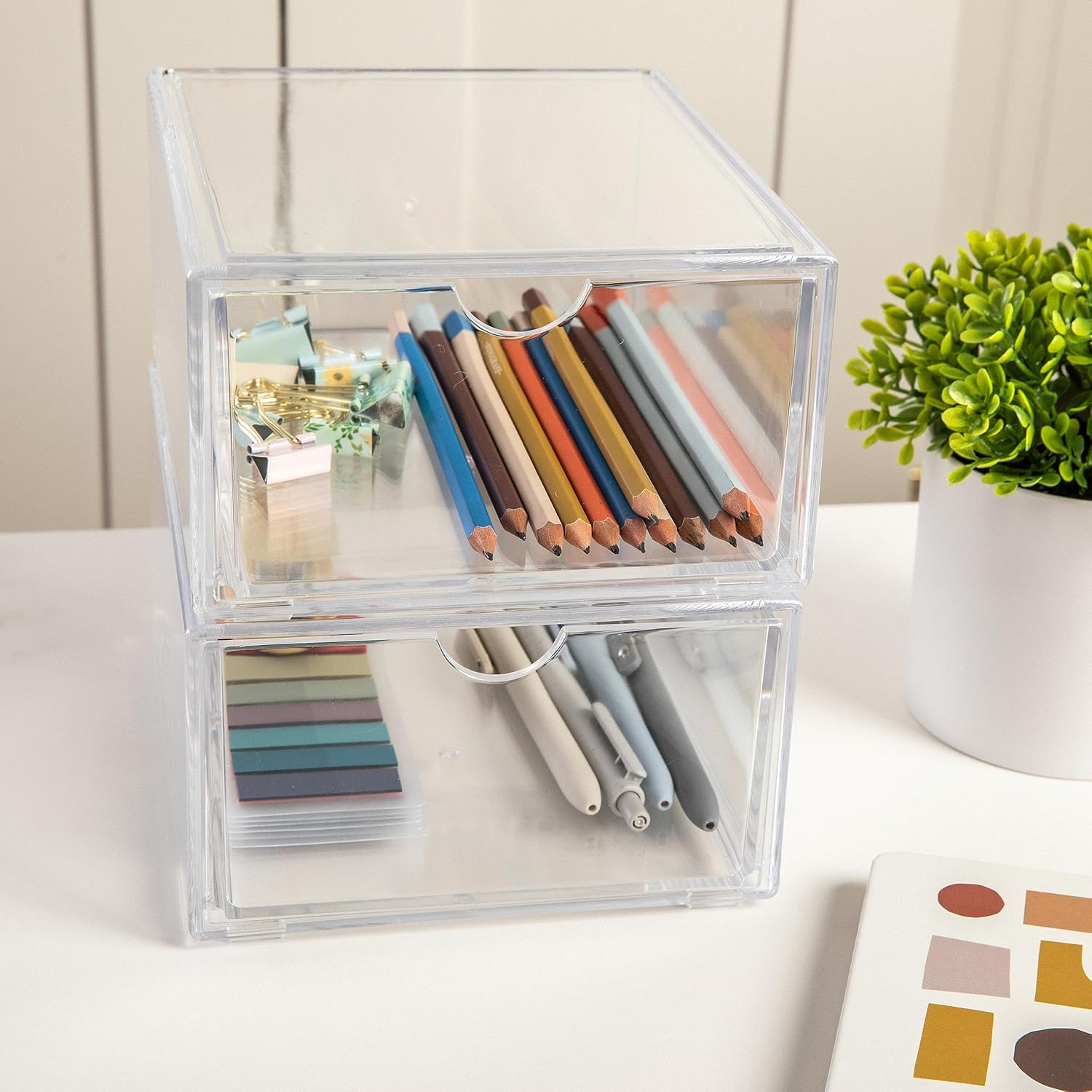 Martha Stewart Brody Desk Organizer with Drawers, Stackable Plastic Storage Box