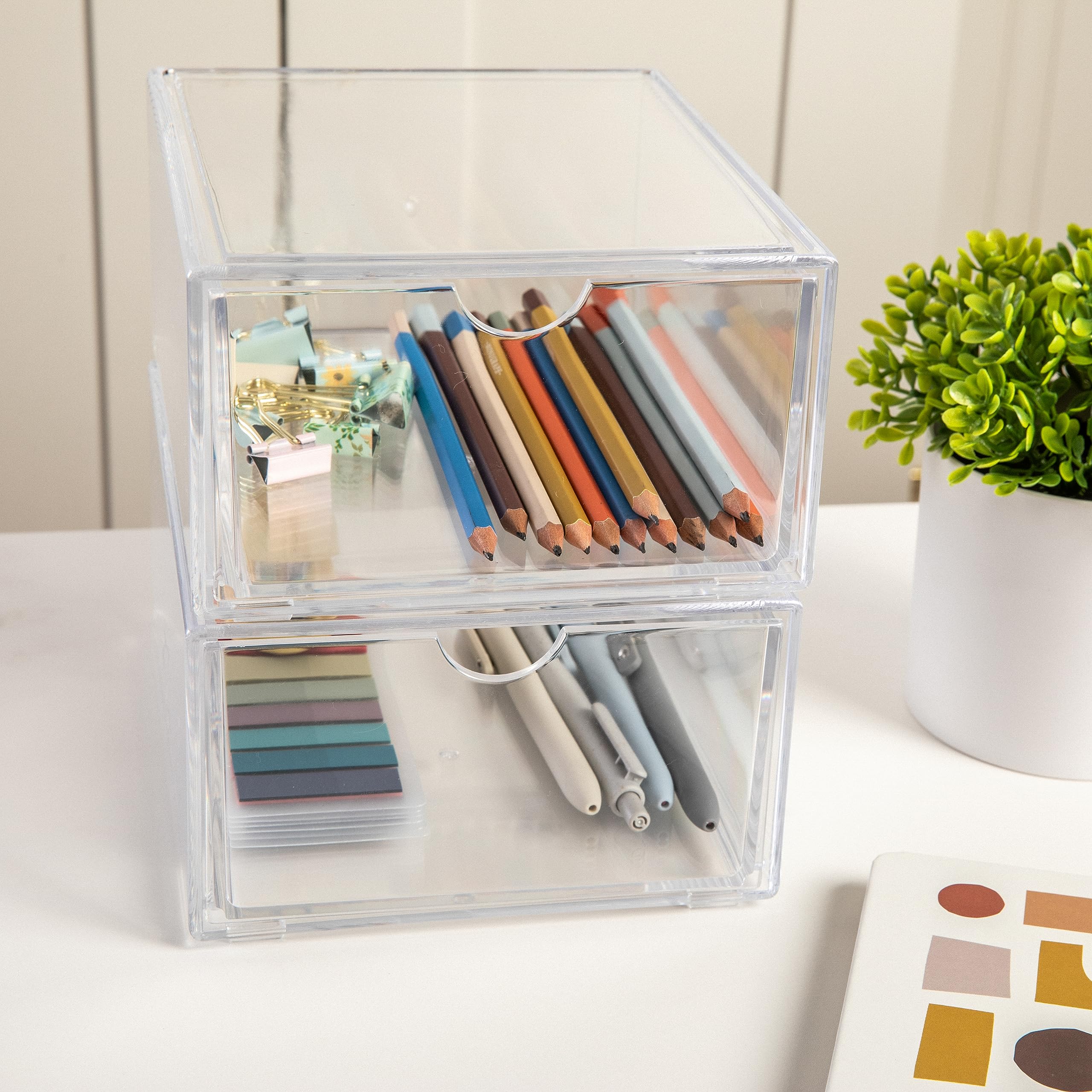 Martha Stewart Brody Desk Organizer with Drawers, Stackable Plastic Storage Box