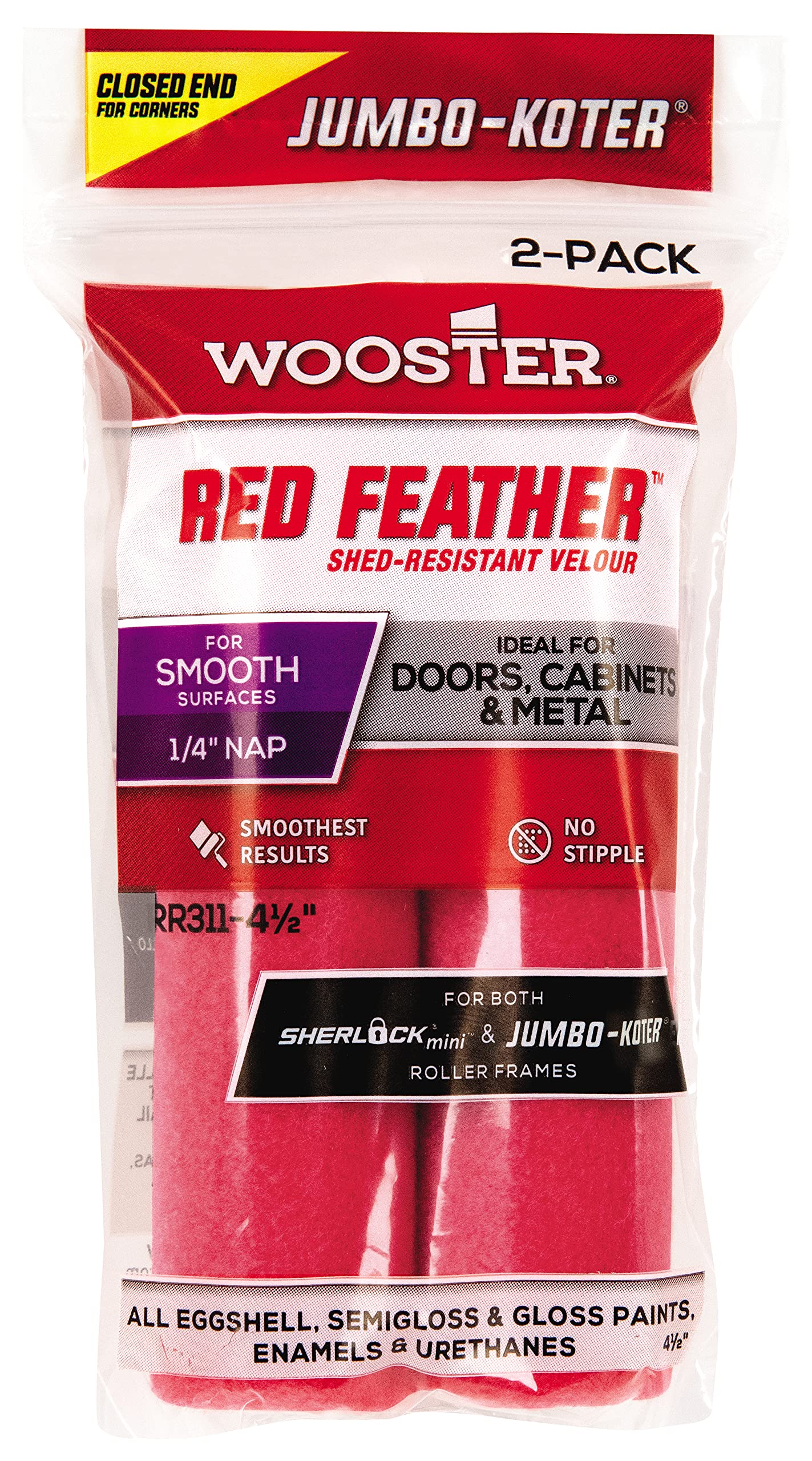 Wooster Brush RR311-4 1/2 Jumbo-Koter Red Feather Shed Resistant Paint Roller Cover, 1/4 in Nap, 4-1/2 in L, 3/4 in, 4.5 Inch