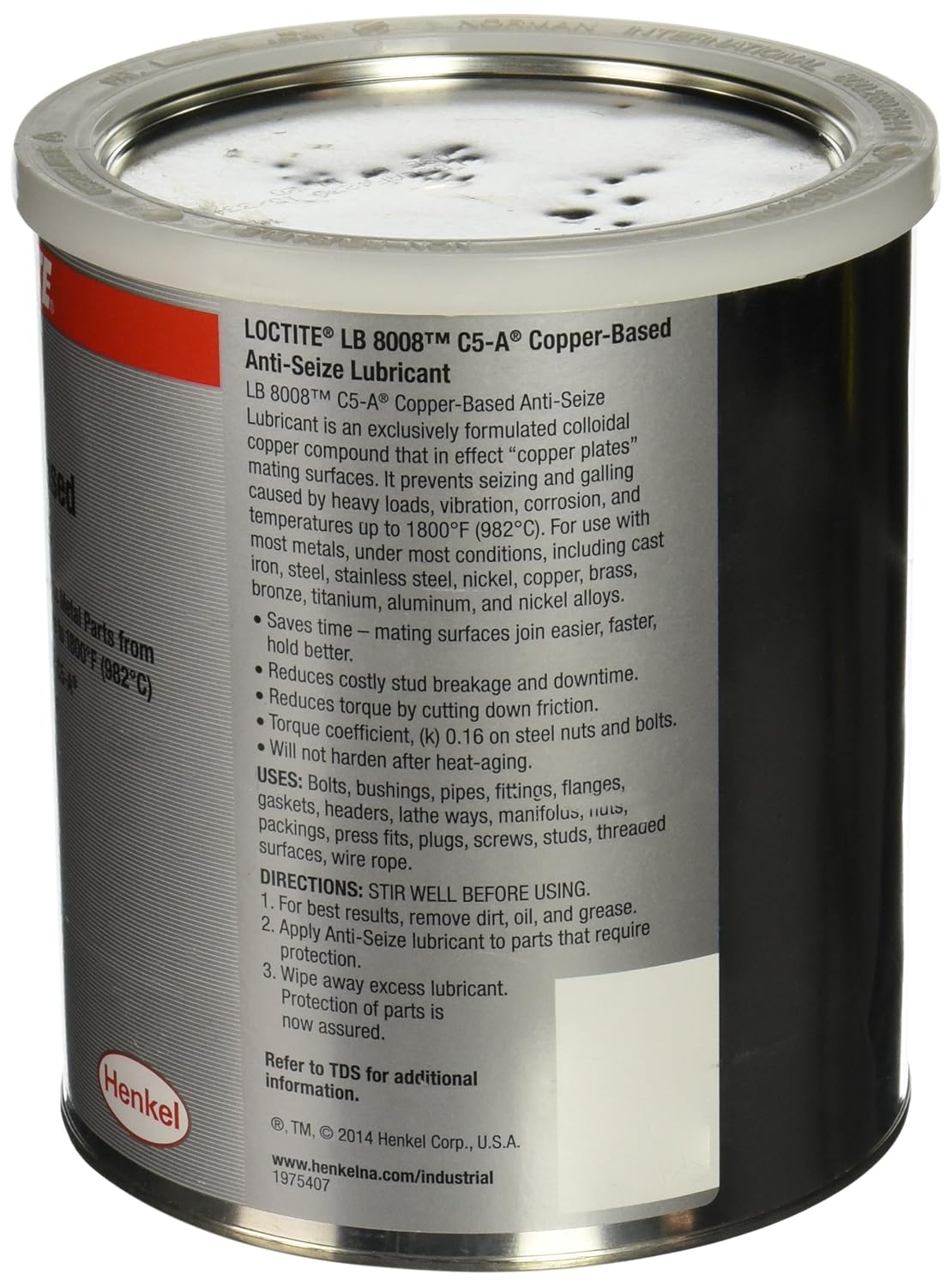 Loctite 51009 Copper LB 8008 C5-A Anti-Seize Lubricant, -20 Degree F Lower Temperature Rating to 1800 Degree F Upper