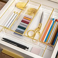 Martha Stewart Kerry Plastic Stackable Office Desk Drawer Organizers with Gold Trim