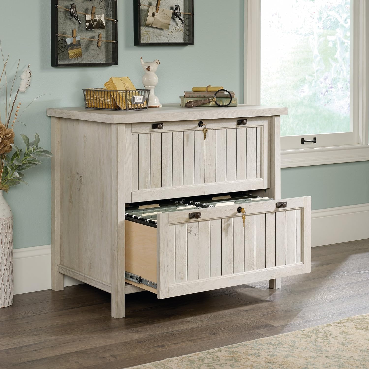 Sauder Costa Computer Desk and Lateral File, Chalked Chestnut Finish Computer Desk + Lateral File