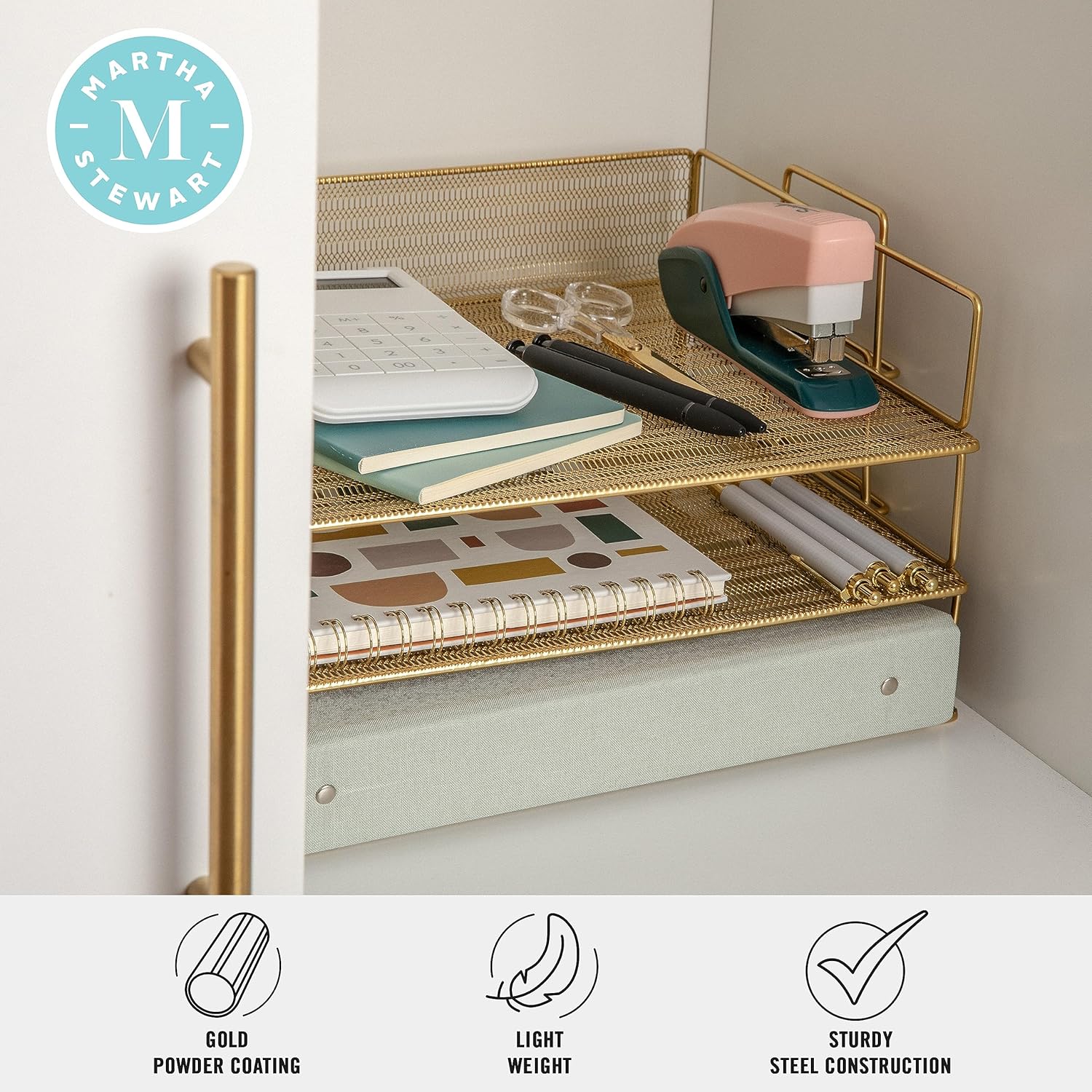 Martha Stewart Ryder 3 Tier Desk Letter Tray Organizer, Stackable Steel Mesh Inbox Tray for Files, Papers, or Letters, Gold