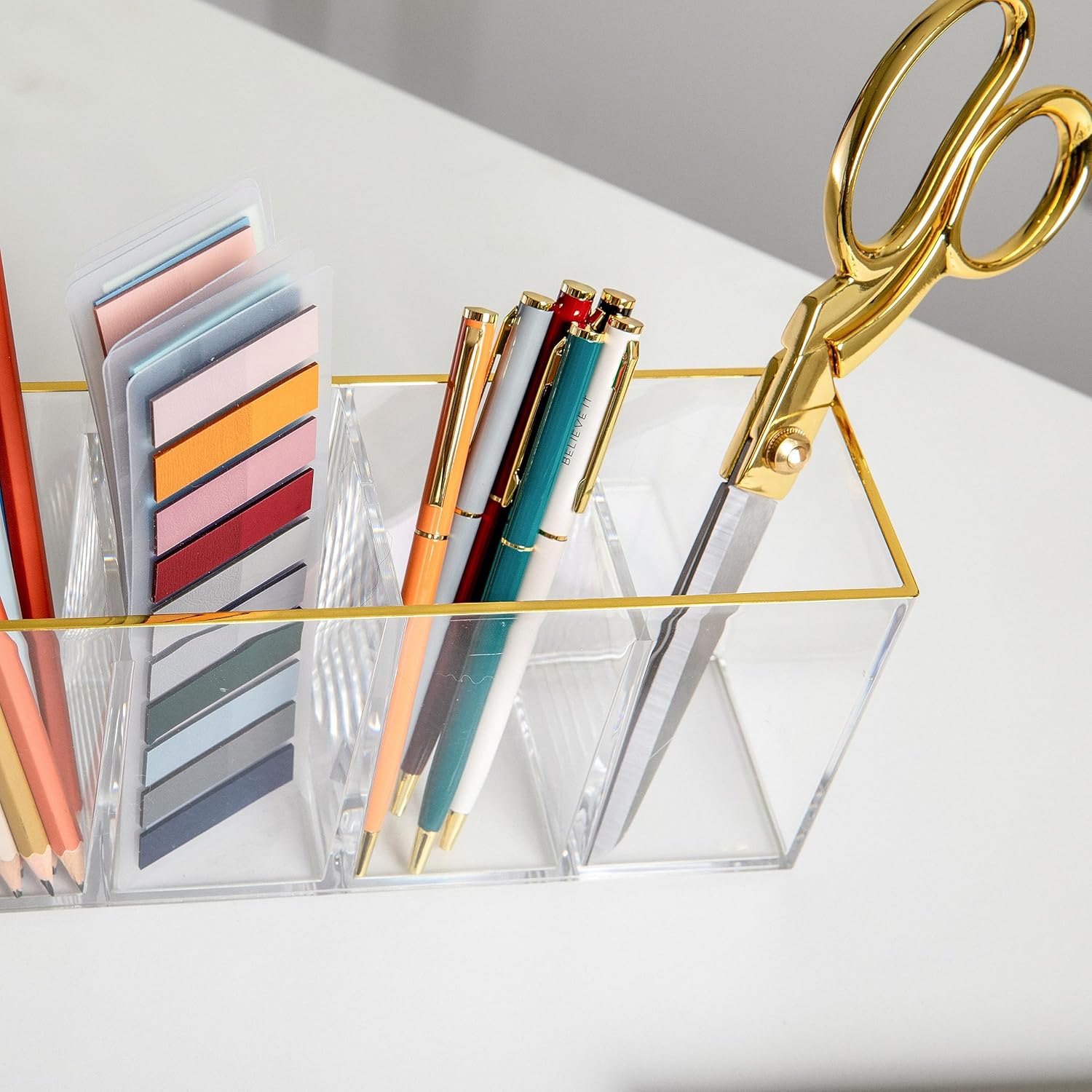 Martha Stewart Kerry Plastic 4 Compartment Pen Holder Office Desktop Organizer, with Gold Trim