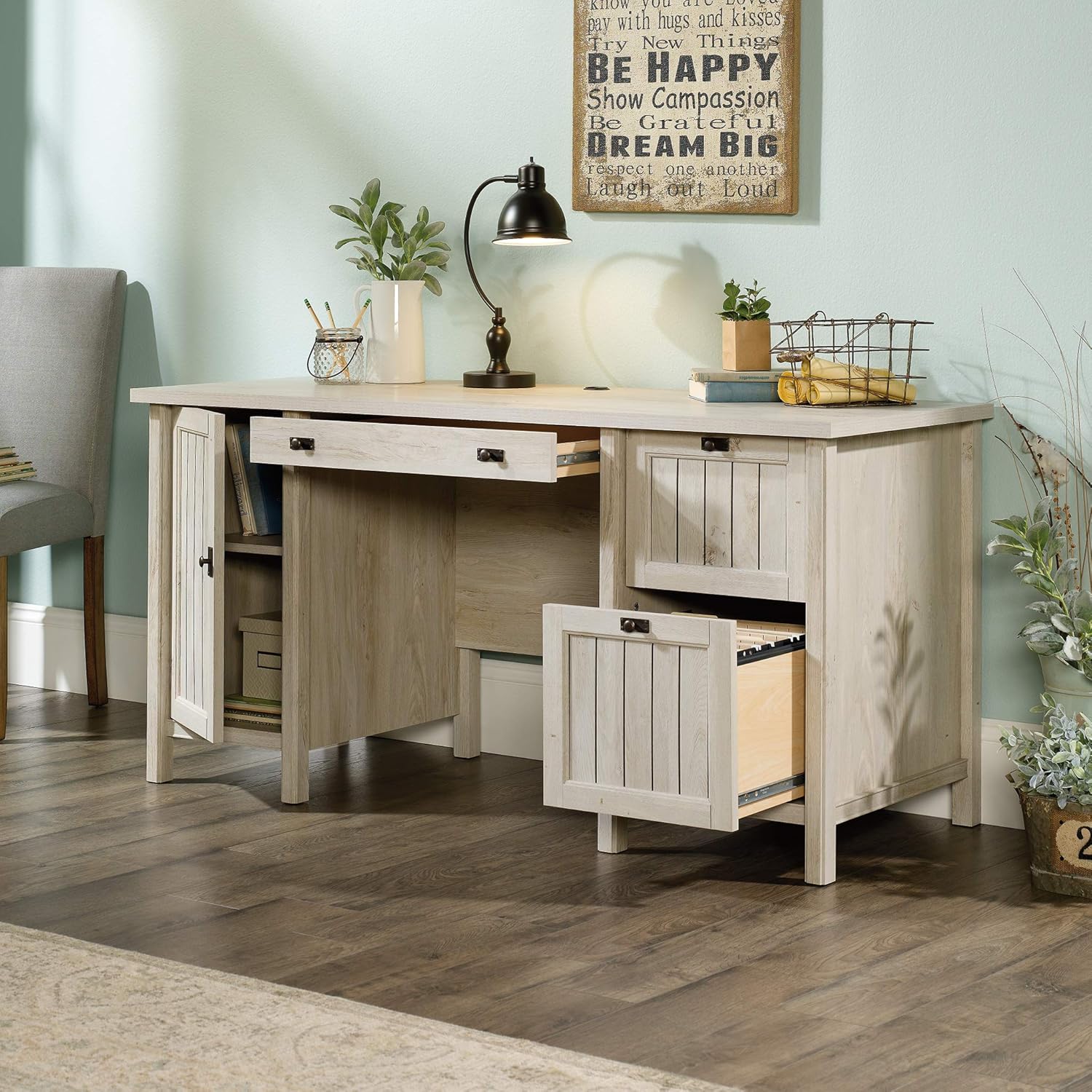 Sauder Costa Computer Desk and Lateral File, Chalked Chestnut Finish Computer Desk + Lateral File