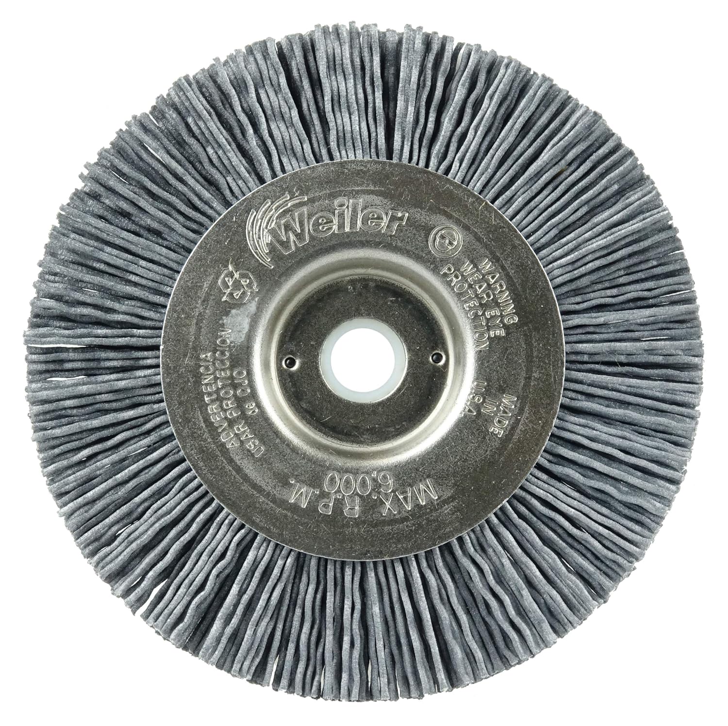 Weiler 31104 4" Narrow Face Nylox Wheel, 022/320SC Crimped Fill, 1/2"-3/8" Arbor Hole