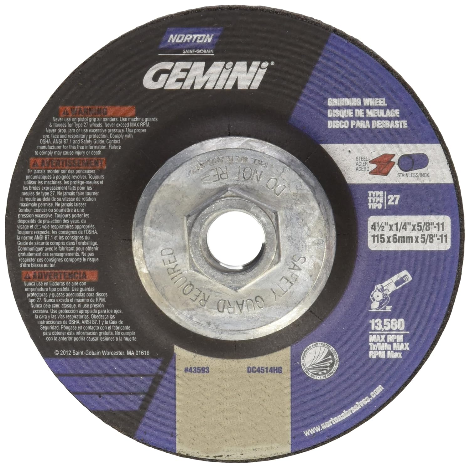 Norton Gemini Depressed Center Abrasive Wheel, Type 27, Aluminum Oxide, 5/8"-11 Hub