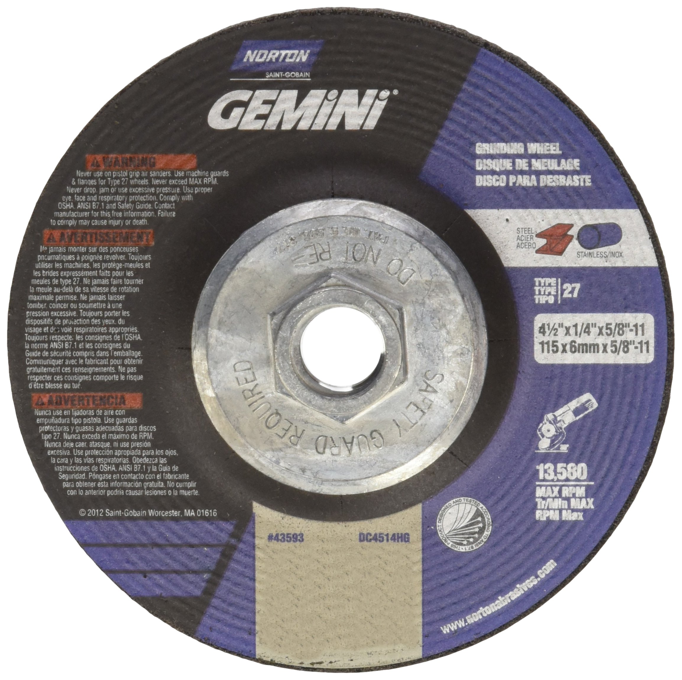 Norton Gemini Depressed Center Abrasive Wheel, Type 27, Aluminum Oxide, 5/8"-11 Hub