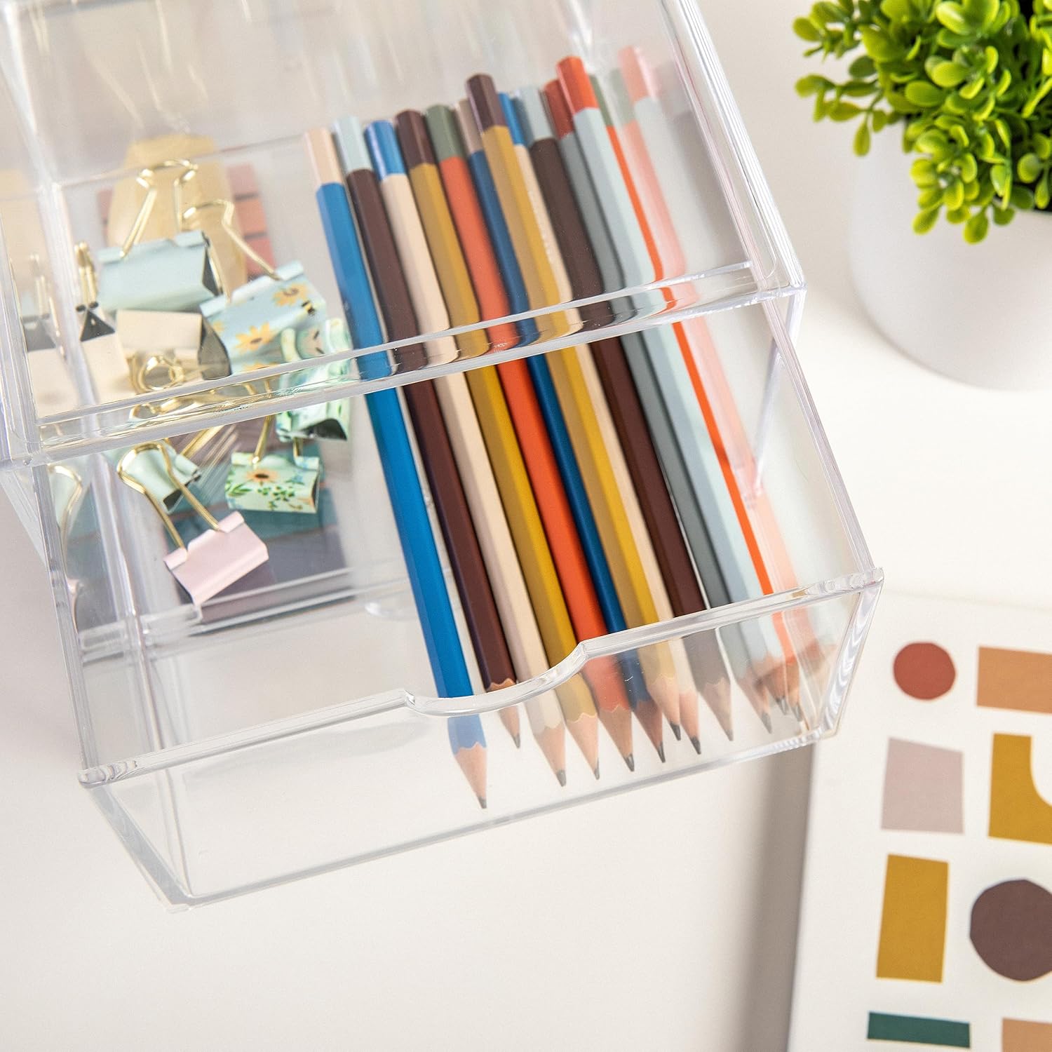 Martha Stewart Brody Desk Organizer with Drawers, Stackable Plastic Storage Box
