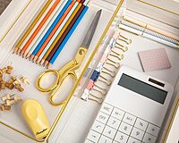 Martha Stewart Kerry Plastic Stackable Office Desk Drawer Organizers with Gold Trim