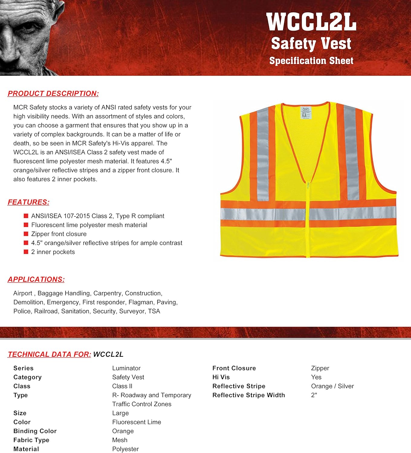 MCR Safety WCCL2 Class 2 Polyester Mesh Flame Resistant Safety Vest, Fluorescent Lime