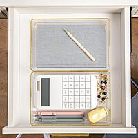Martha Stewart Kerry Plastic Stackable Office Desk Drawer Organizers with Gold Trim