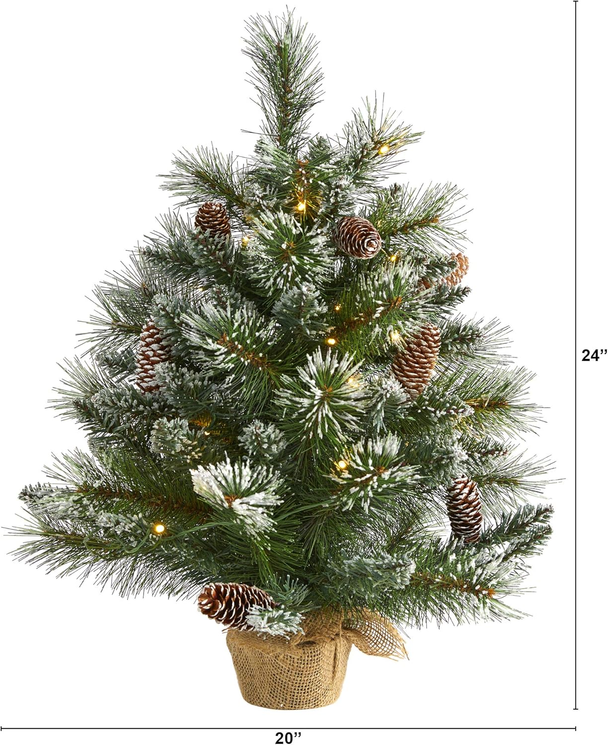 Nearly Natural 2ft. Frosted Pine Artificial Christmas Tree with 35 Clear LED Lights, Pinecones and Burlap Base