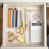 Martha Stewart Kerry Plastic Stackable Office Desk Drawer Organizers with Gold Trim