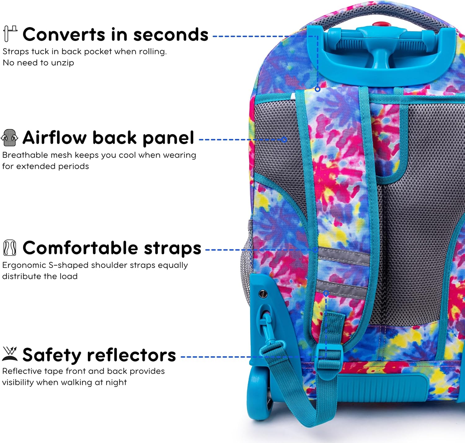 J World New York Sundance Rolling Backpack Girl Boy Roller Bookbag, Tie Dye, 20 Inch