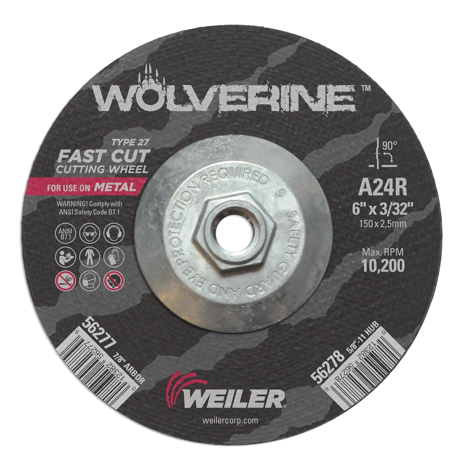 Weiler 56278 6 Inch Cutting Wheel, Wolverine AO Steel/Metal Fast Cutting, 3/32" A24R Type 27 5/8"-11 Hub