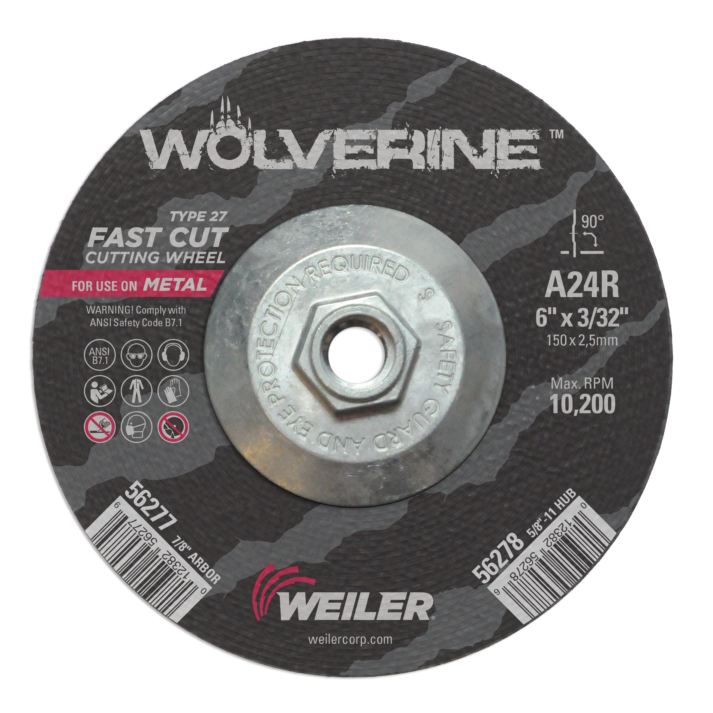 Weiler 56278 6 Inch Cutting Wheel, Wolverine AO Steel/Metal Fast Cutting, 3/32" A24R Type 27 5/8"-11 Hub