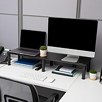 MIND READER Dual Monitor Stand, Height Adjustable Desktop Organizer Laptop Riser, 38.5" L x 11" W x 2.55-6.5" H, Black