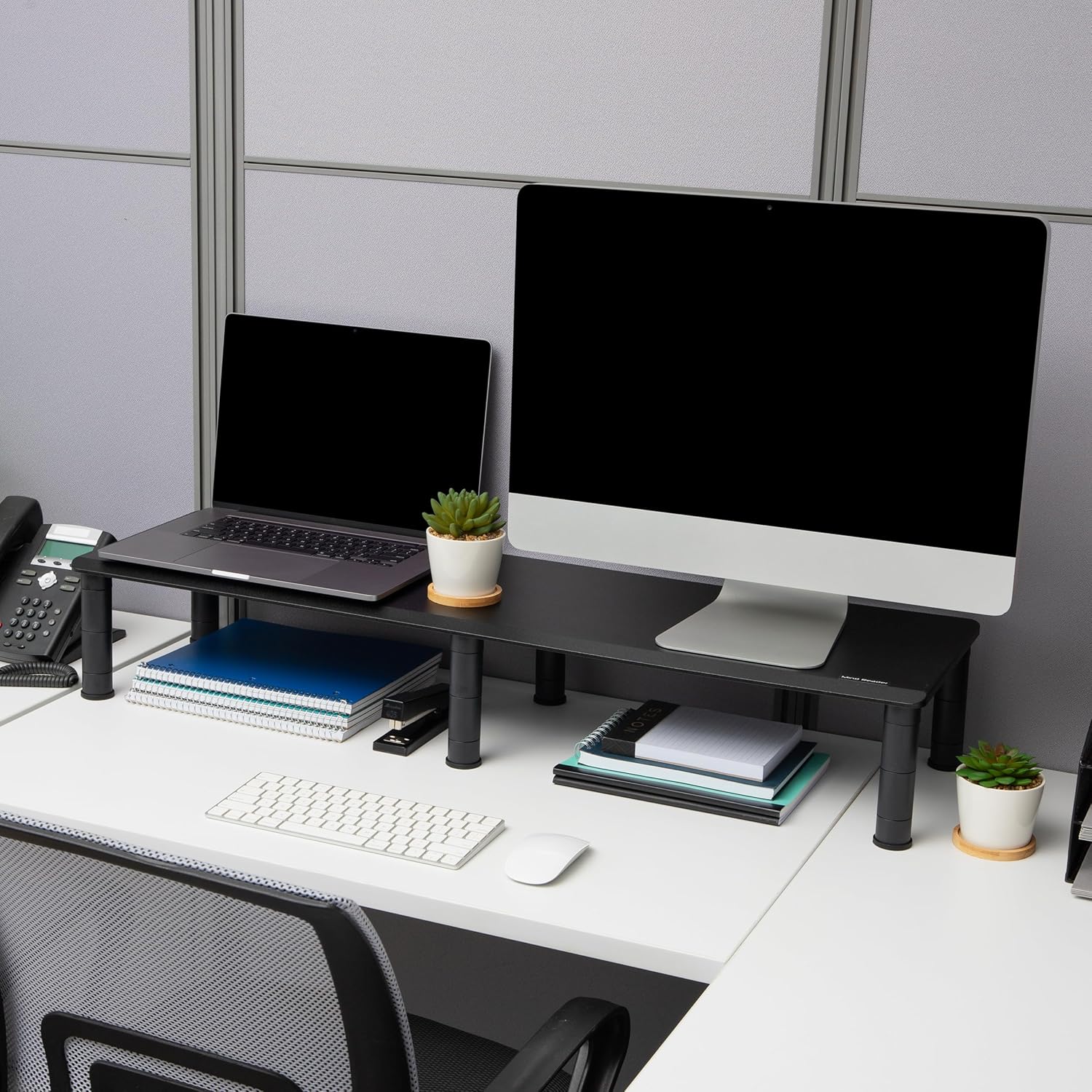 MIND READER Dual Monitor Stand, Height Adjustable Desktop Organizer Laptop Riser, 38.5" L x 11" W x 2.55-6.5" H, Black
