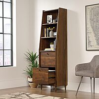 Sauder Harvey Park Tall Bookcase with Drawers, Mid-Century Modern Design, Narrow Bookcase - Grand Walnut Finish