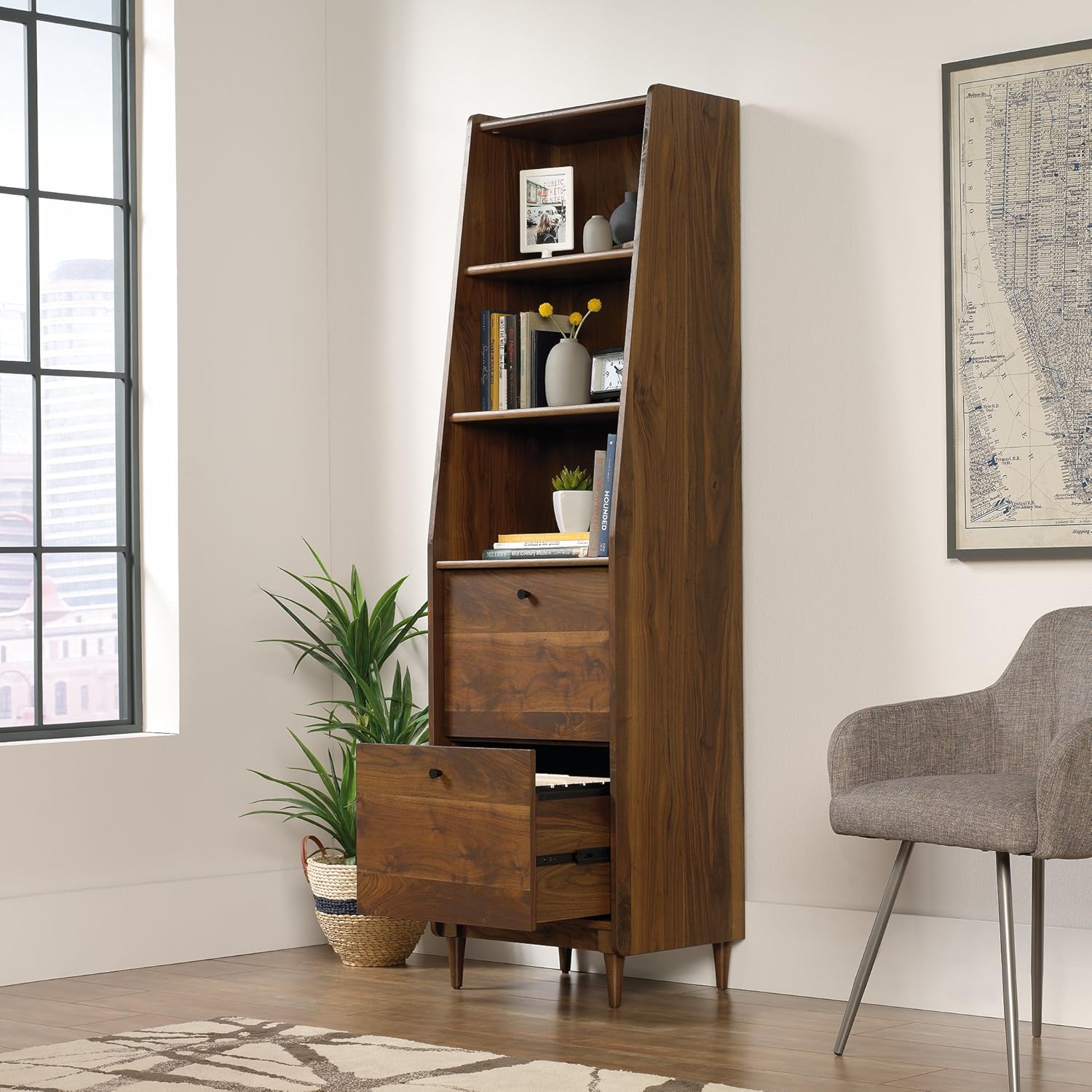 Sauder Harvey Park Tall Bookcase with Drawers, Mid-Century Modern Design, Narrow Bookcase - Grand Walnut Finish